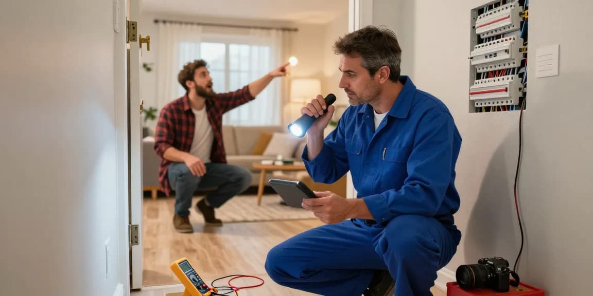 Local emergency electrician troubleshooting a circuit breaker panel in a residential home while homeowner looks on.