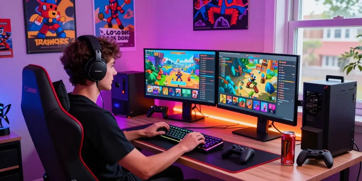 Exciting gamer setup showcasing rokok88 gaming culture with vibrant décor and dual monitors featuring game graphics.