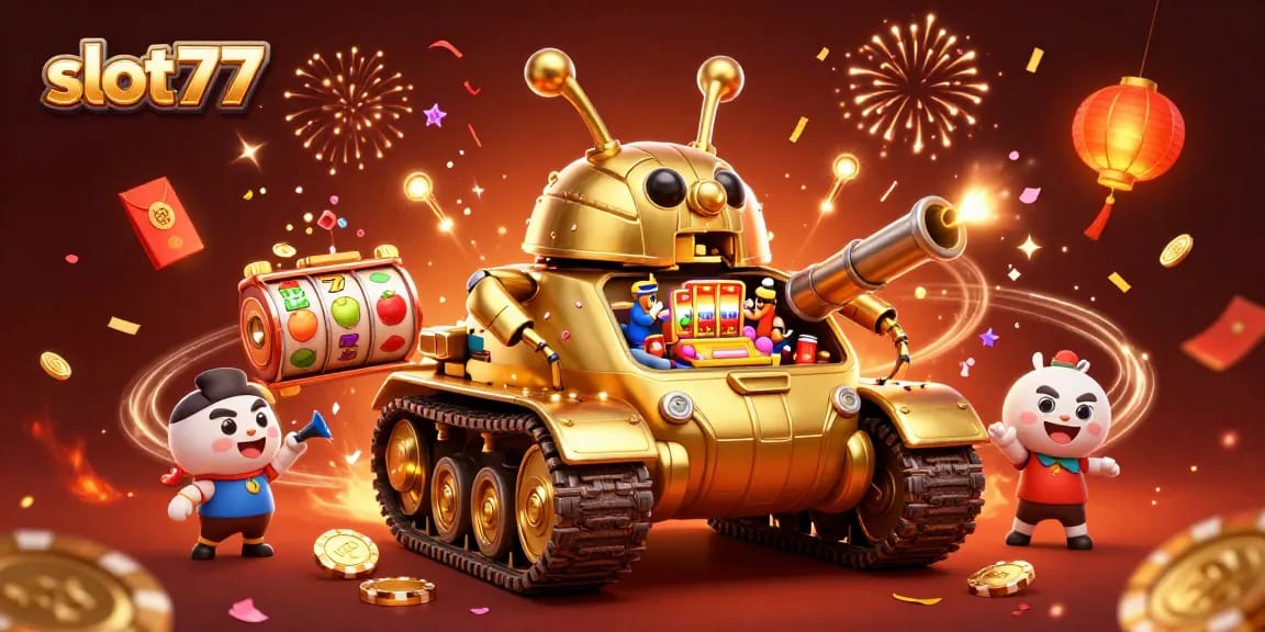 Experience the thrill of slot77 with this vibrant illustration of a golden beetle tank casino!