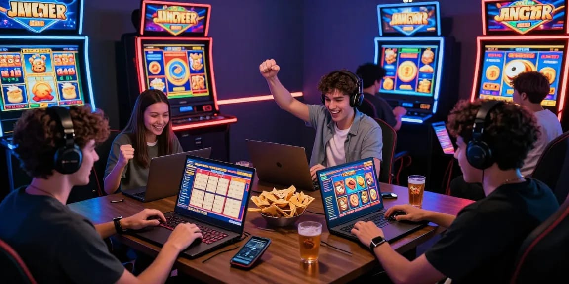 Enthusiastic players enjoying slot gacor games in a vibrant gaming room setting.