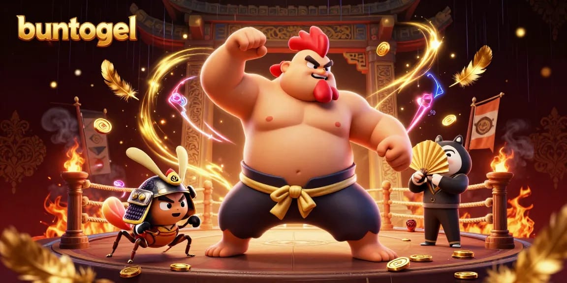 Engage in thrilling action with Buntogel, featuring a powerful sumo rooster, fierce cricket, and tanuki announcer in an exciting gambling scene.