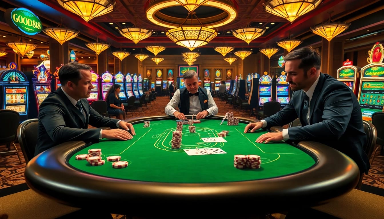 Engaged gamblers immerse themselves in an exciting poker game at GOOD88 casino.