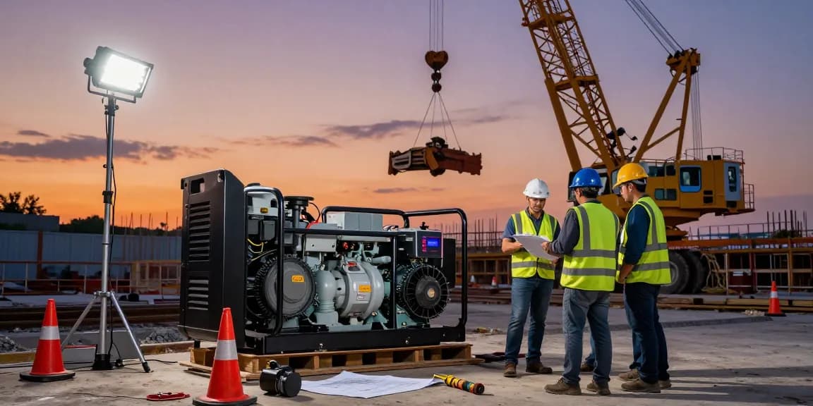 Diesel generator powering construction site with workers collaborating on machinery and site tasks during twilight.