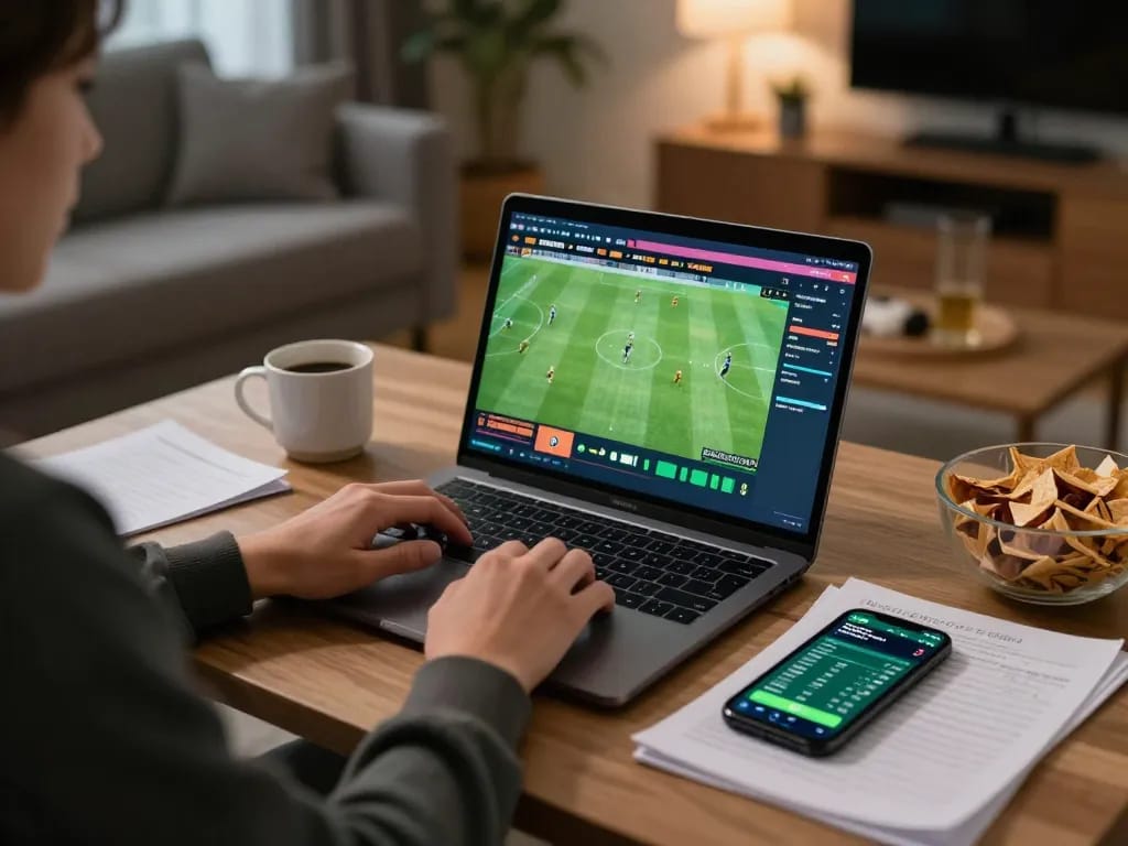 Tỷ lệ kèo nhà cái displayed on laptop screen while placing bets in a cozy home setting
