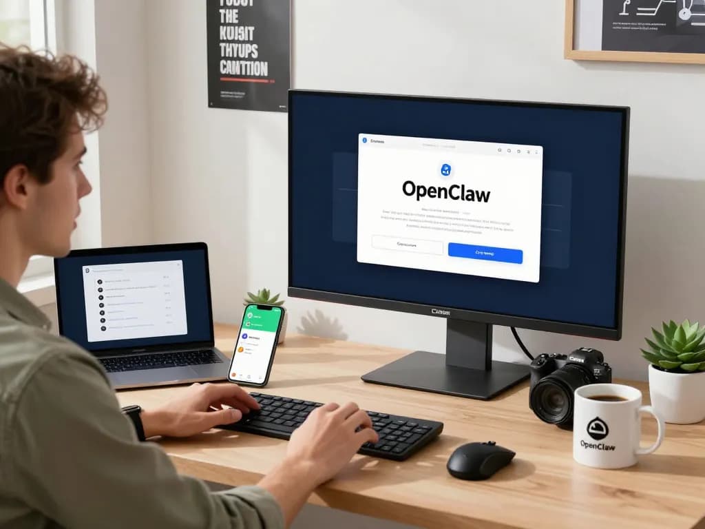 Engaged user interacting with OpenClaw personal AI assistant in modern workspace.