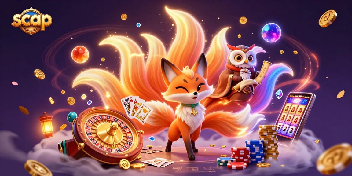 A vibrant 3D illustration of scap showcasing a nine-tailed fox, wise owl, and a dynamic casino scene filled with coins and game elements.