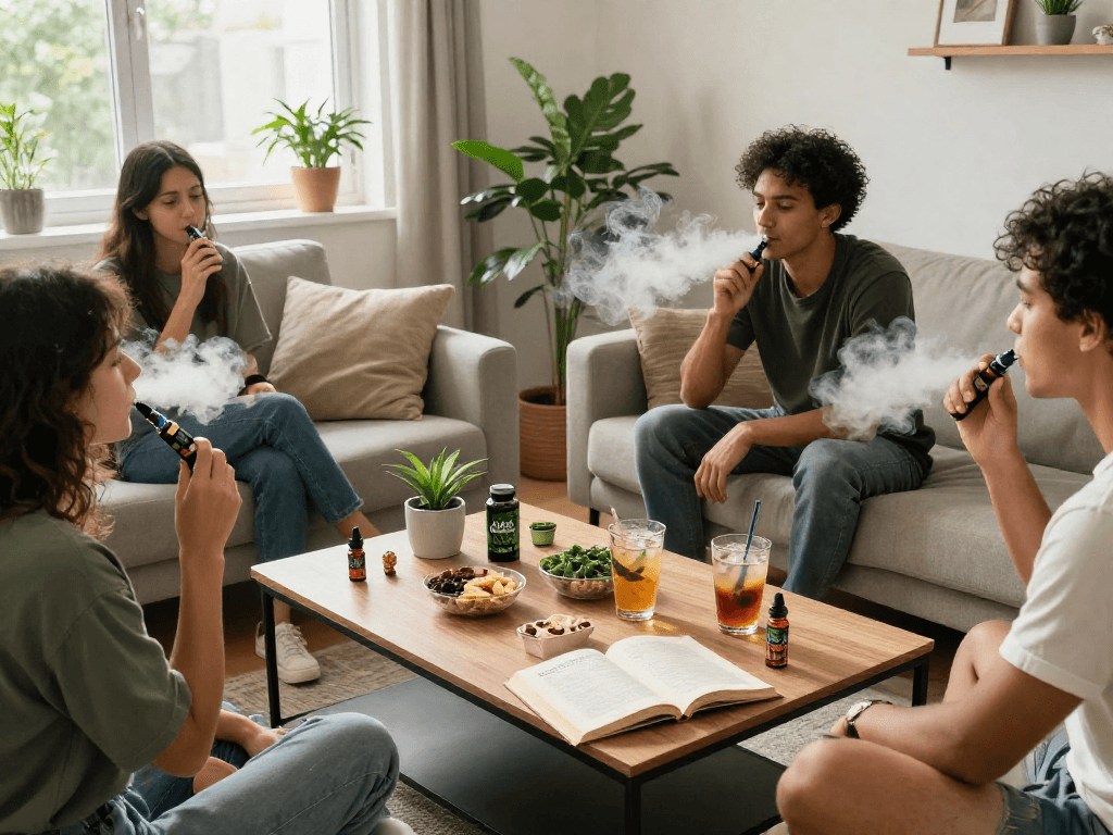 Friends enjoying jungle boys vapes in a cozy living room, portraying natural wellness and social enjoyment.