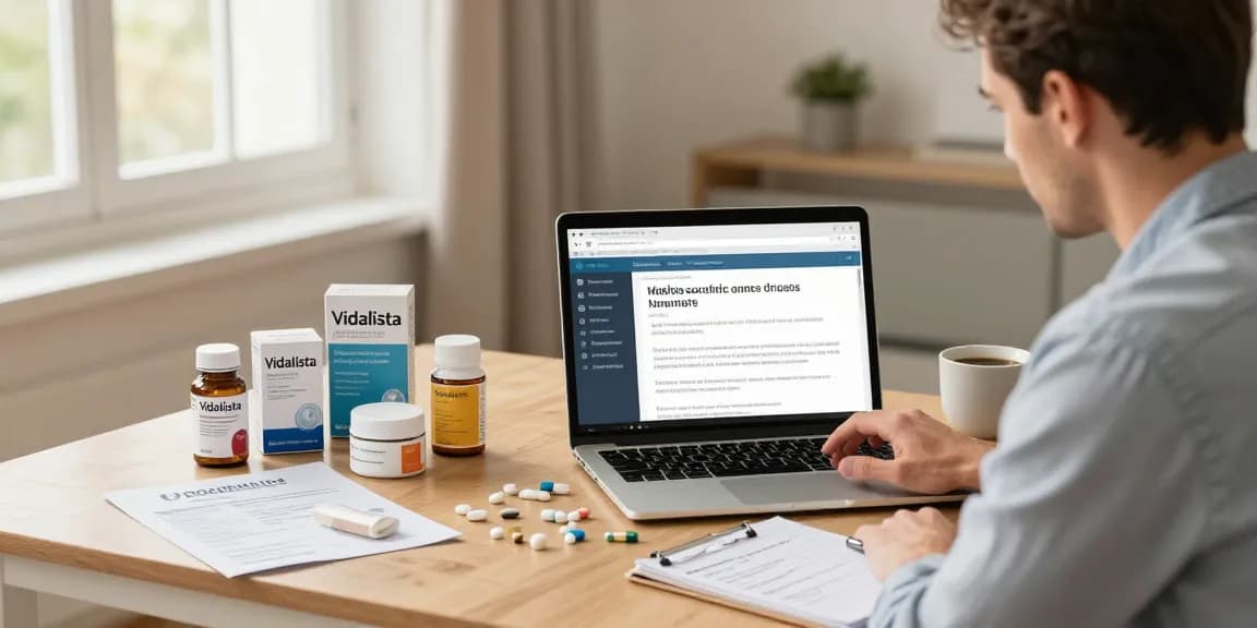 Man exploring Vidalista online in a modern home office, showcasing health products.