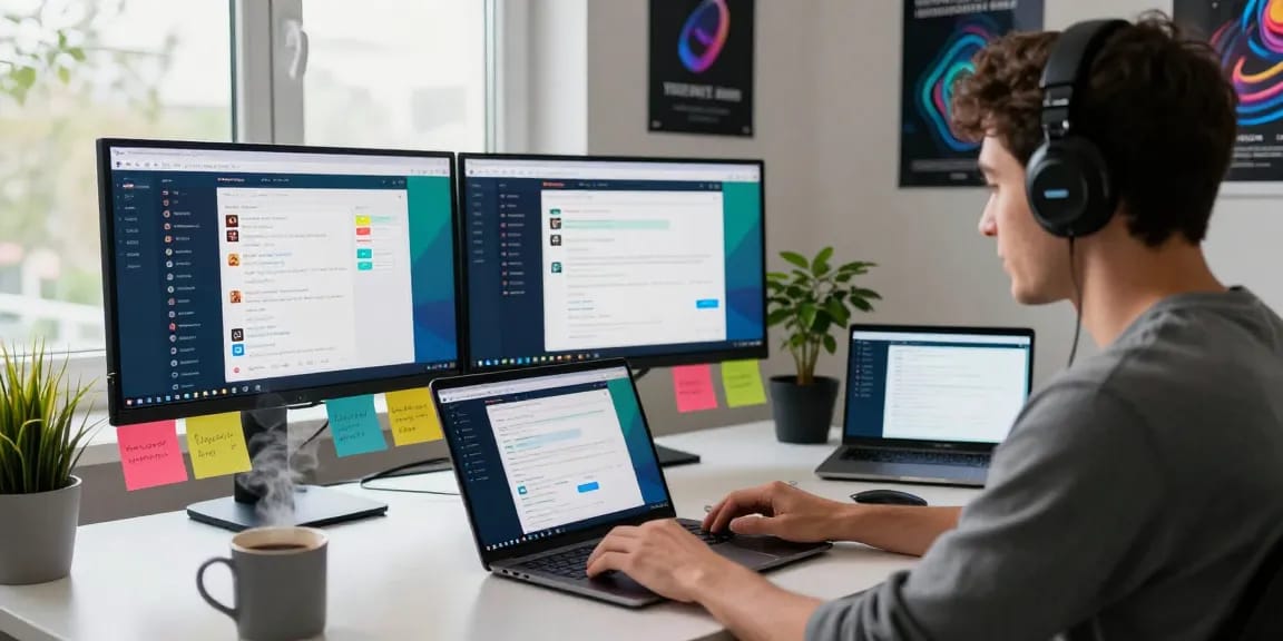 Young professional using Telegram Web Version in a modern workspace with vibrant chats and tech decor.