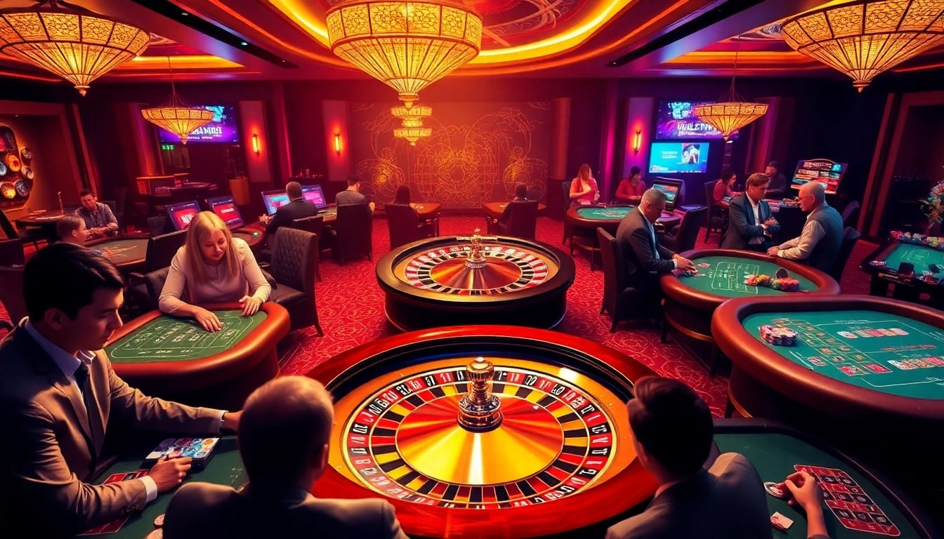 Excited players exploring ink vao 12bet at a vibrant online casino with roulette and poker.