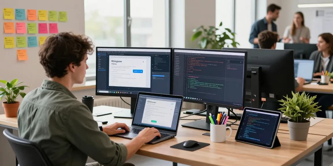 Engaging workspace with developer coding Telegram integration, showcasing a collaborative tech environment, expertise in software innovation.