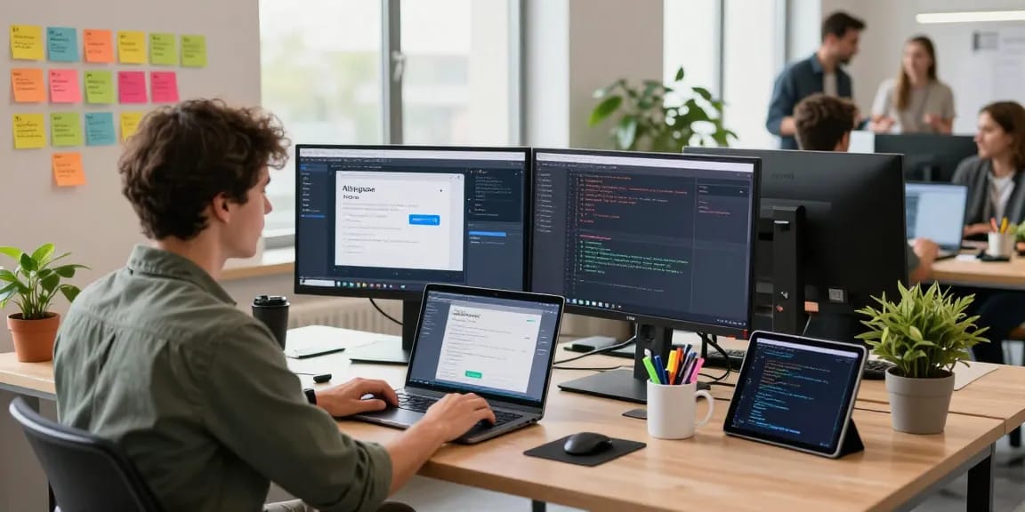 Engaging workspace with developer coding Telegram integration, showcasing a collaborative tech environment, expertise in software innovation.