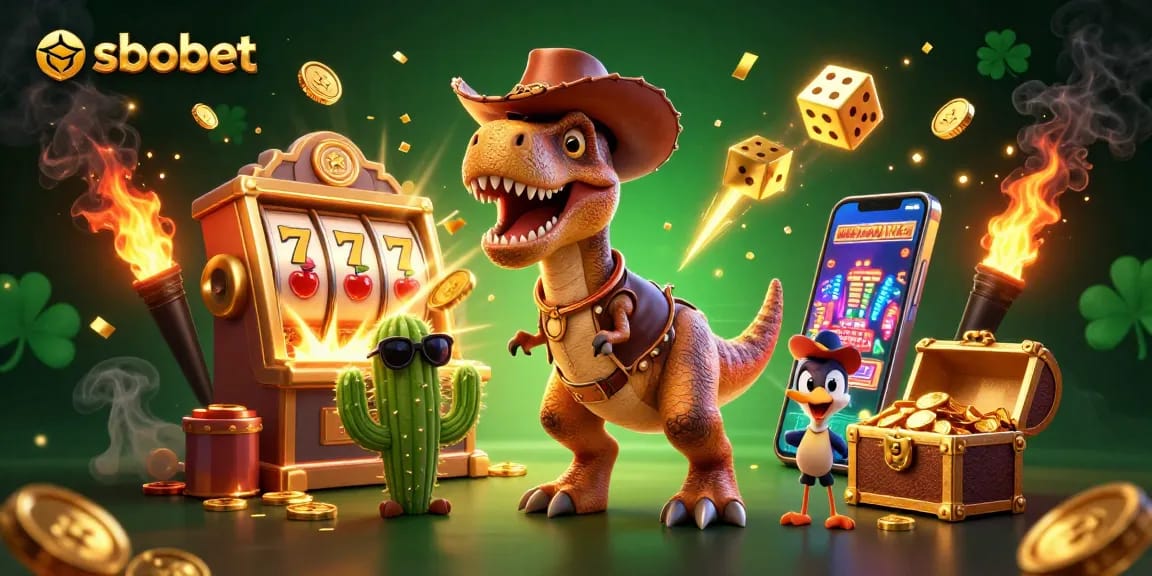 Engage with sbobet's exciting slots as a T-Rex dinosaur and friends celebrate a jackpot!