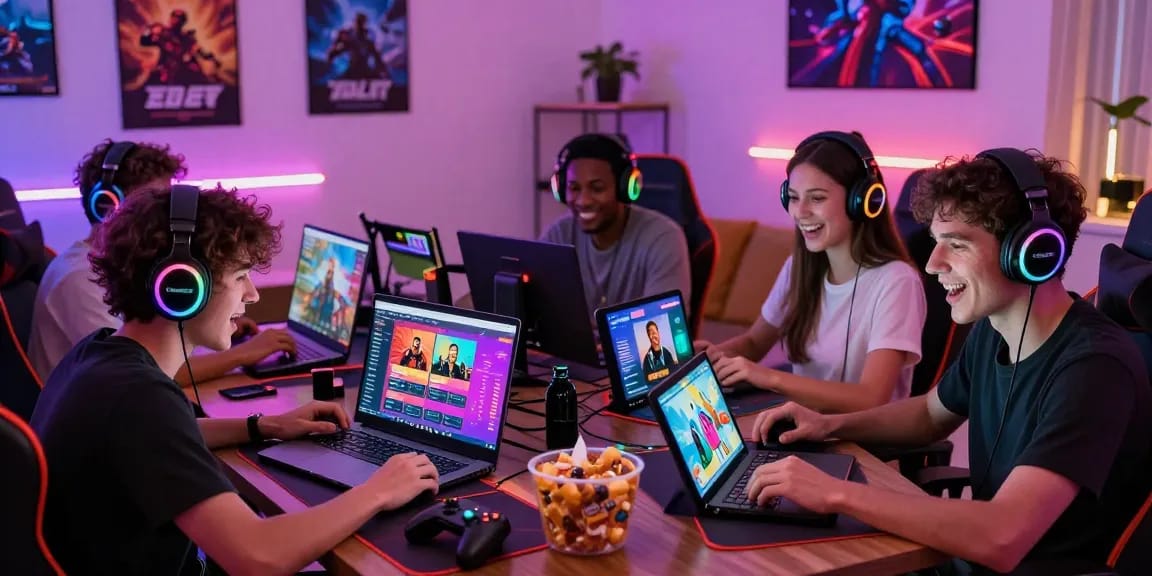 Exciting online gaming atmosphere showcasing players enjoying porngame on various devices in a colorful, dynamic setting.