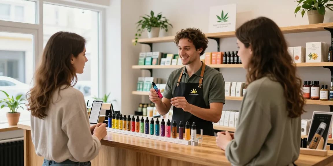Experience top-quality THC vape cartridges for sale Europe in a welcoming cannabis dispensary, showcasing colorful products and expert assistance.