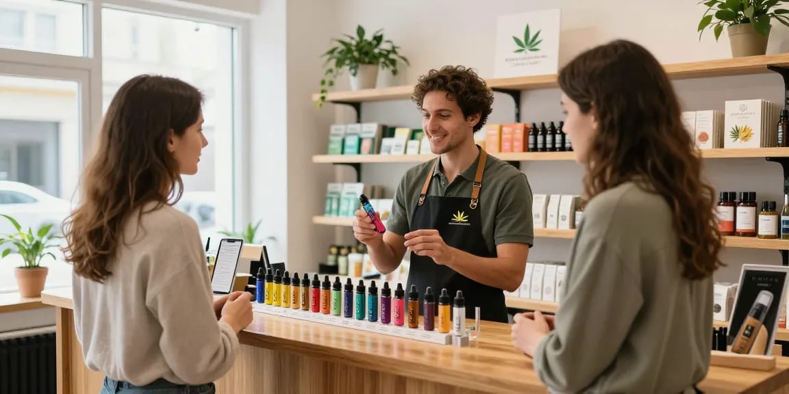 Experience top-quality THC vape cartridges for sale Europe in a welcoming cannabis dispensary, showcasing colorful products and expert assistance.