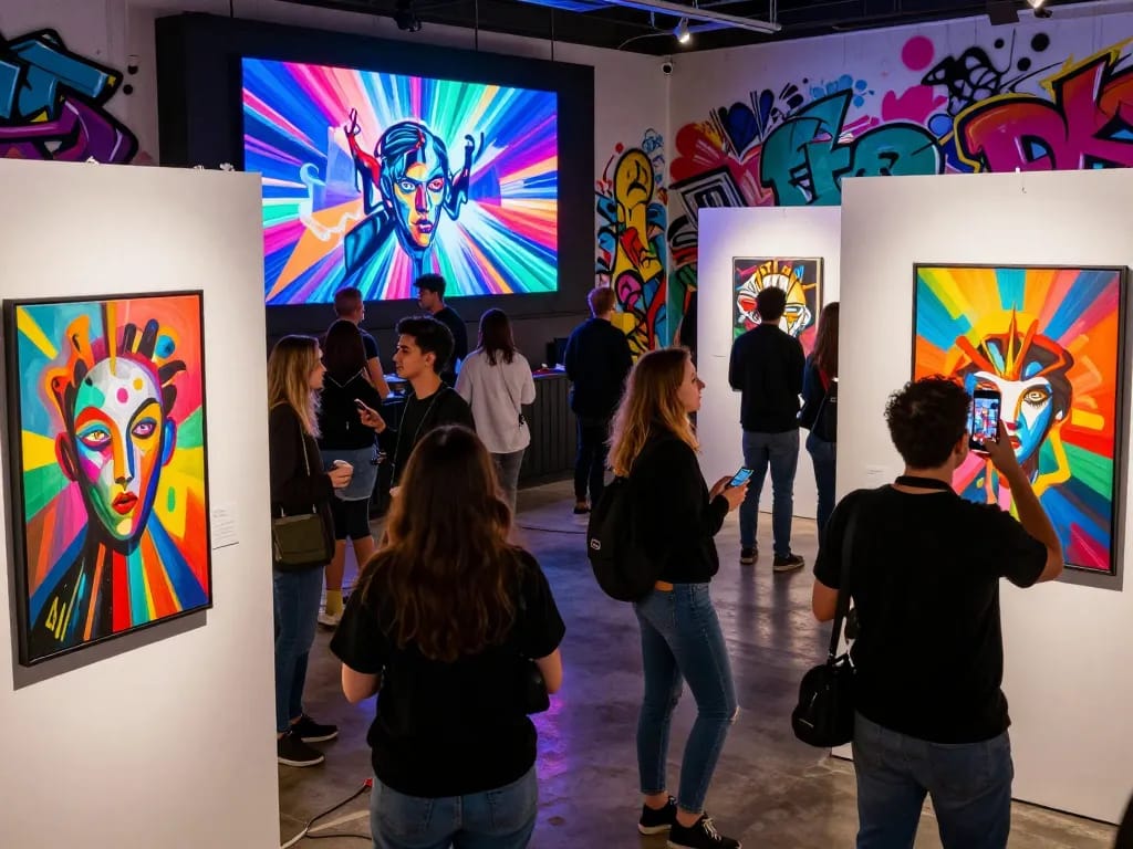 Engaging NSFW-themed digital art exhibition in an urban setting
