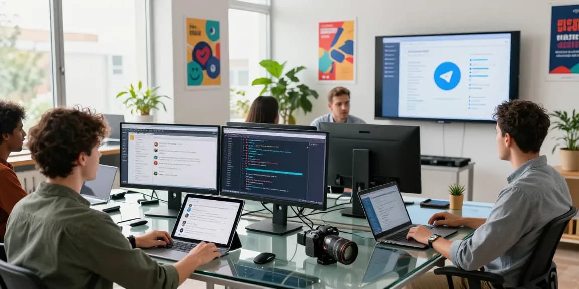 Collaborative workspace showcasing tech professionals working on telegram官网 projects, displaying monitors with chat interfaces and coding.