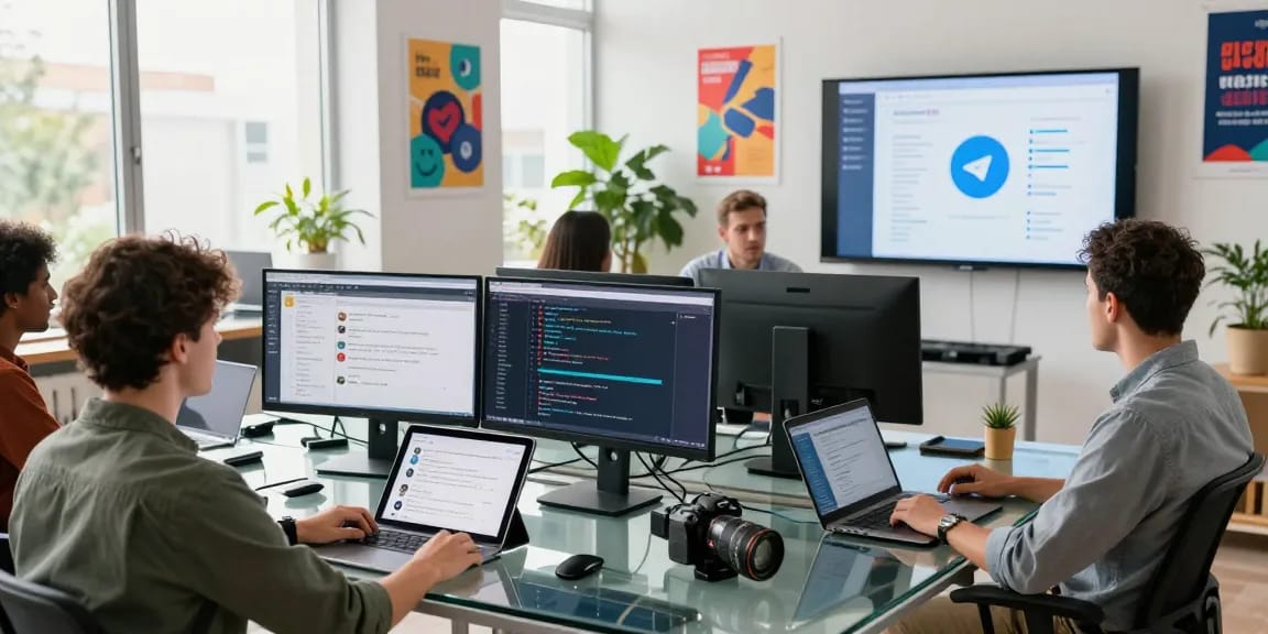 Collaborative workspace showcasing tech professionals working on telegram官网 projects, displaying monitors with chat interfaces and coding.