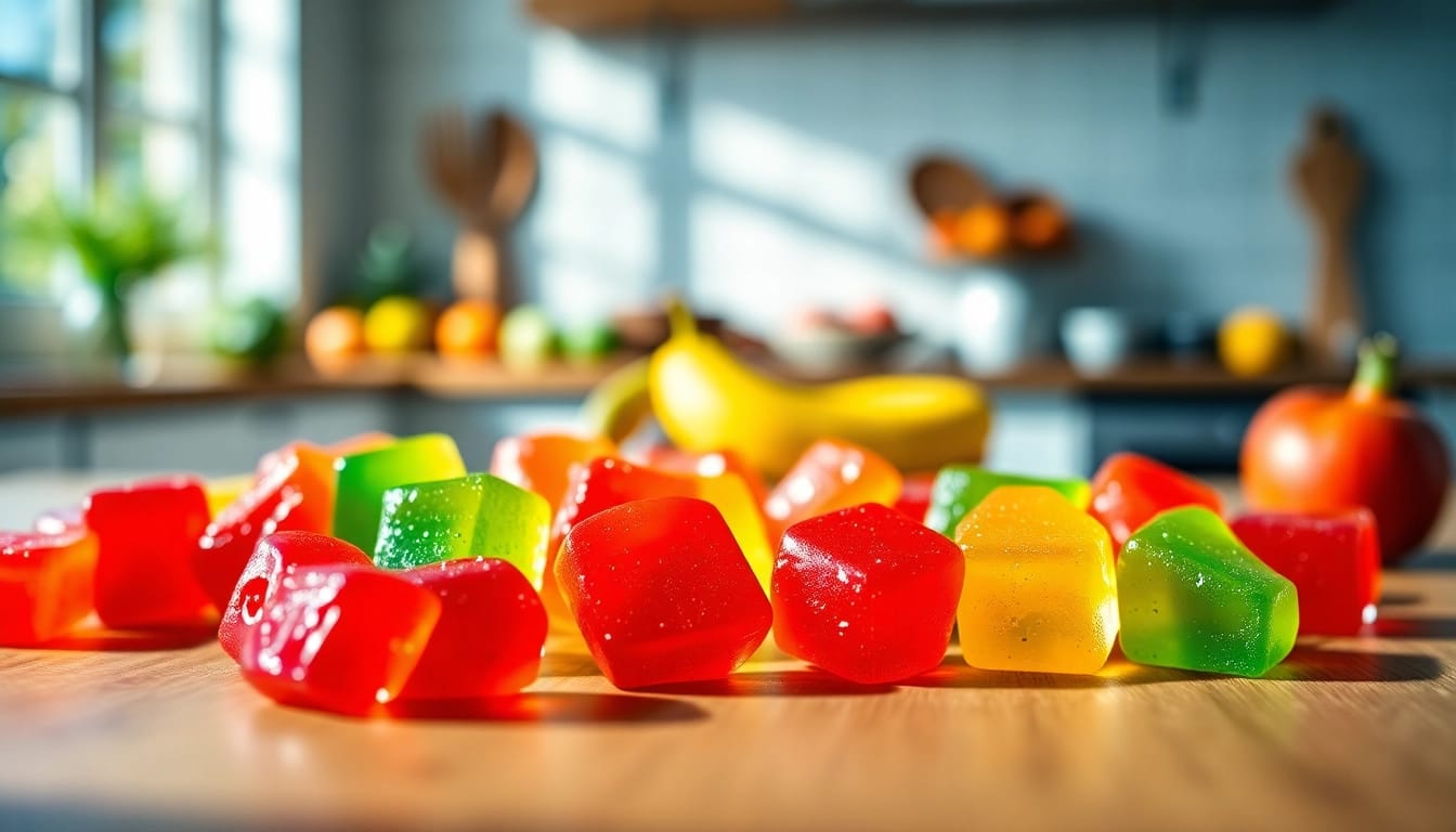 Enjoy delicious Weed Gummies arranged beautifully on a wooden table with natural lighting.