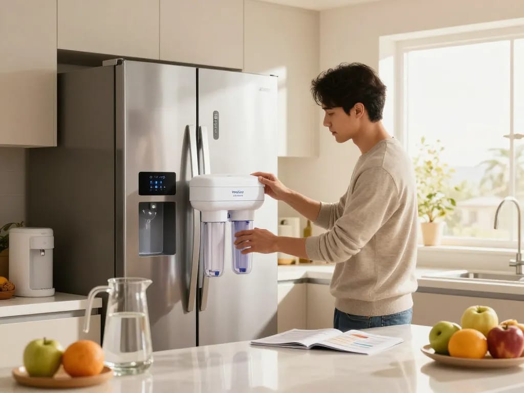 Installing Waterdrop DA29-00020B Replacement for Samsung® Water Filter HAF-CIN/EXP, DA29-00020B in a modern kitchen setup.