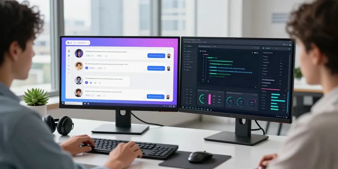 Engaging with CrushonAI in a modern tech workspace featuring vibrant chat interface and analytics.