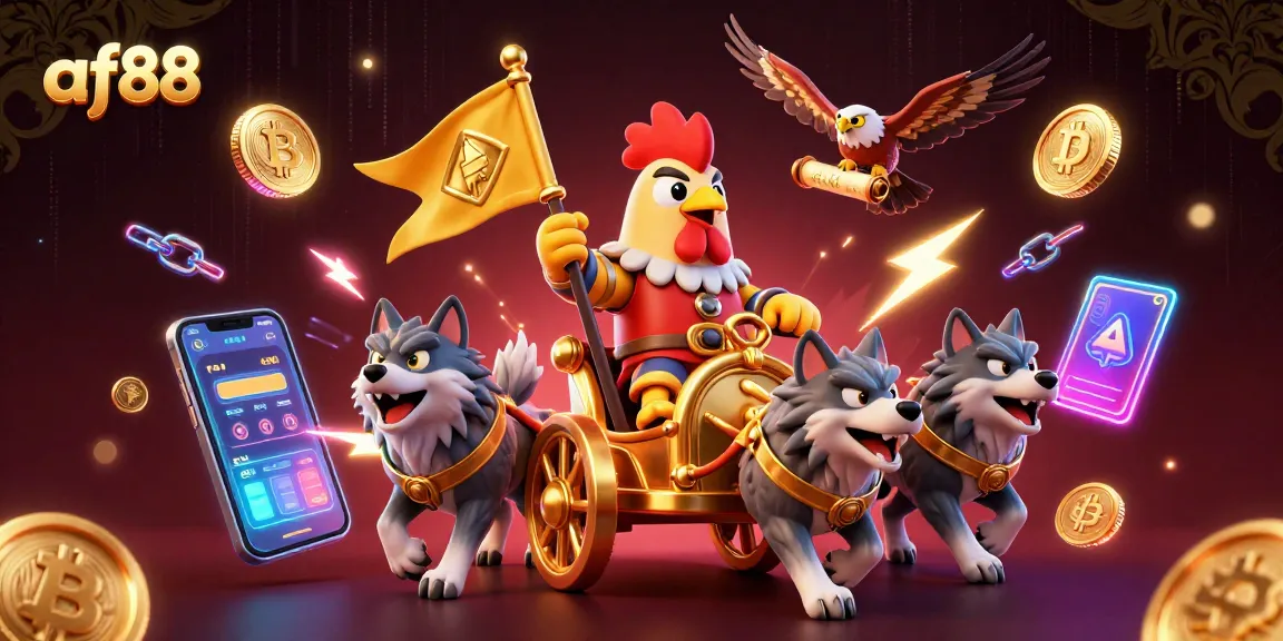 Join the excitement at af88 with a dynamic casino scene featuring a rooster warlord and crypto elements.