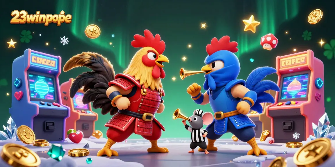 Engage in thrilling action at 23winpope with fighting roosters, arcade games, and vibrant casino elements.