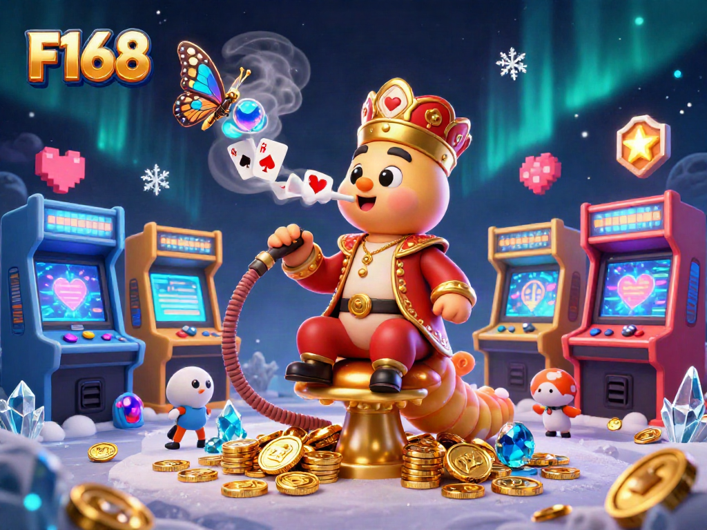 Experience F168 with a vibrant representation of casino gaming, showcasing a hookah-master and gaming elements.