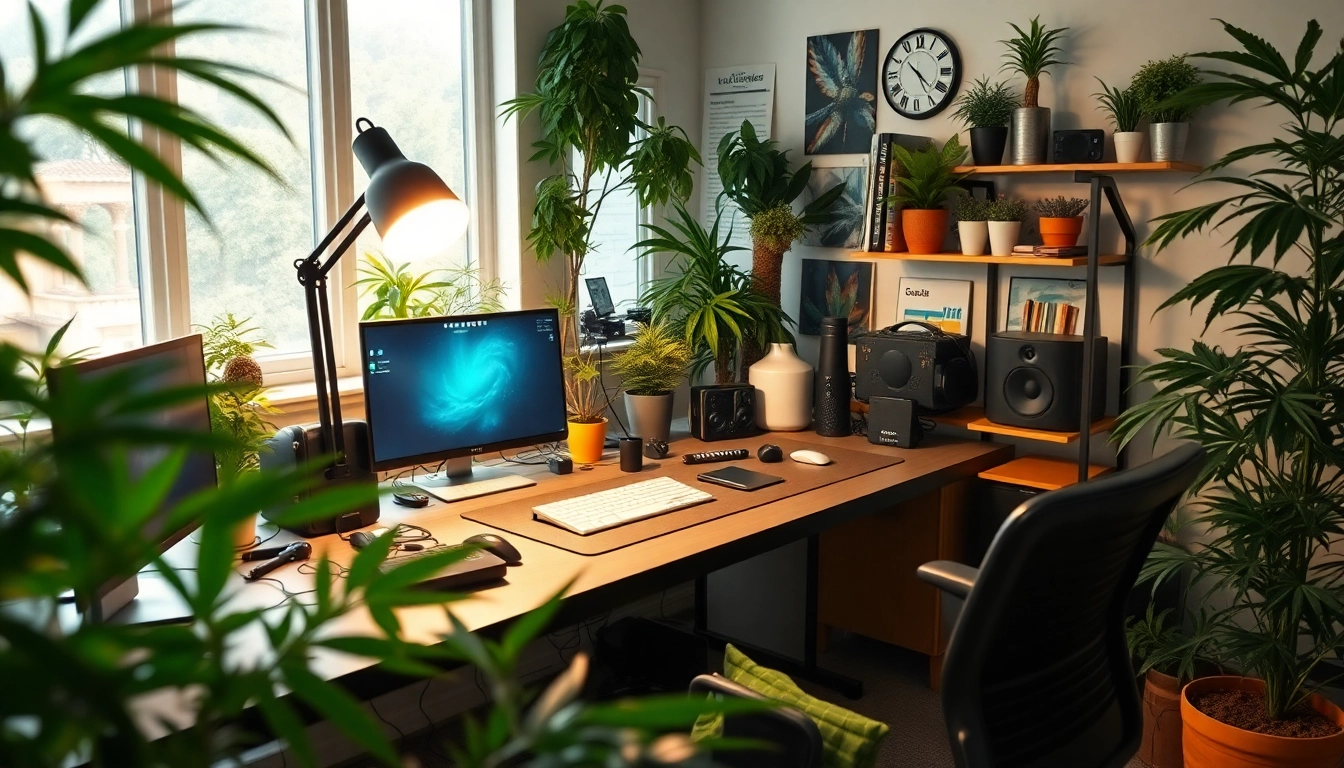 Innovative workspace emphasizing geekthc with high-tech gadgets and greenery.