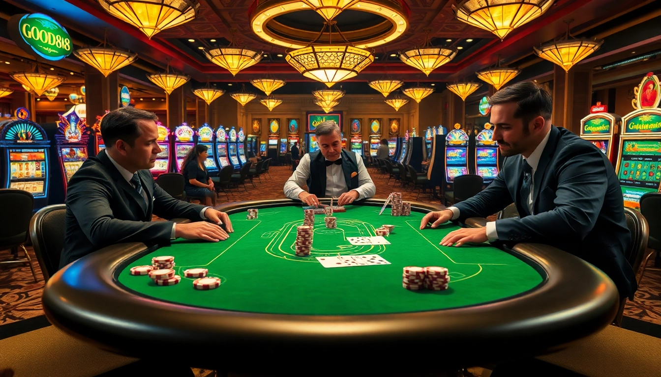 Engaged gamblers immerse themselves in an exciting poker game at GOOD88 casino.