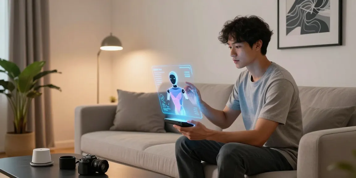 Interactive scene featuring a user engaged with a sex bot in a modern living space, showcasing technology and intimacy.