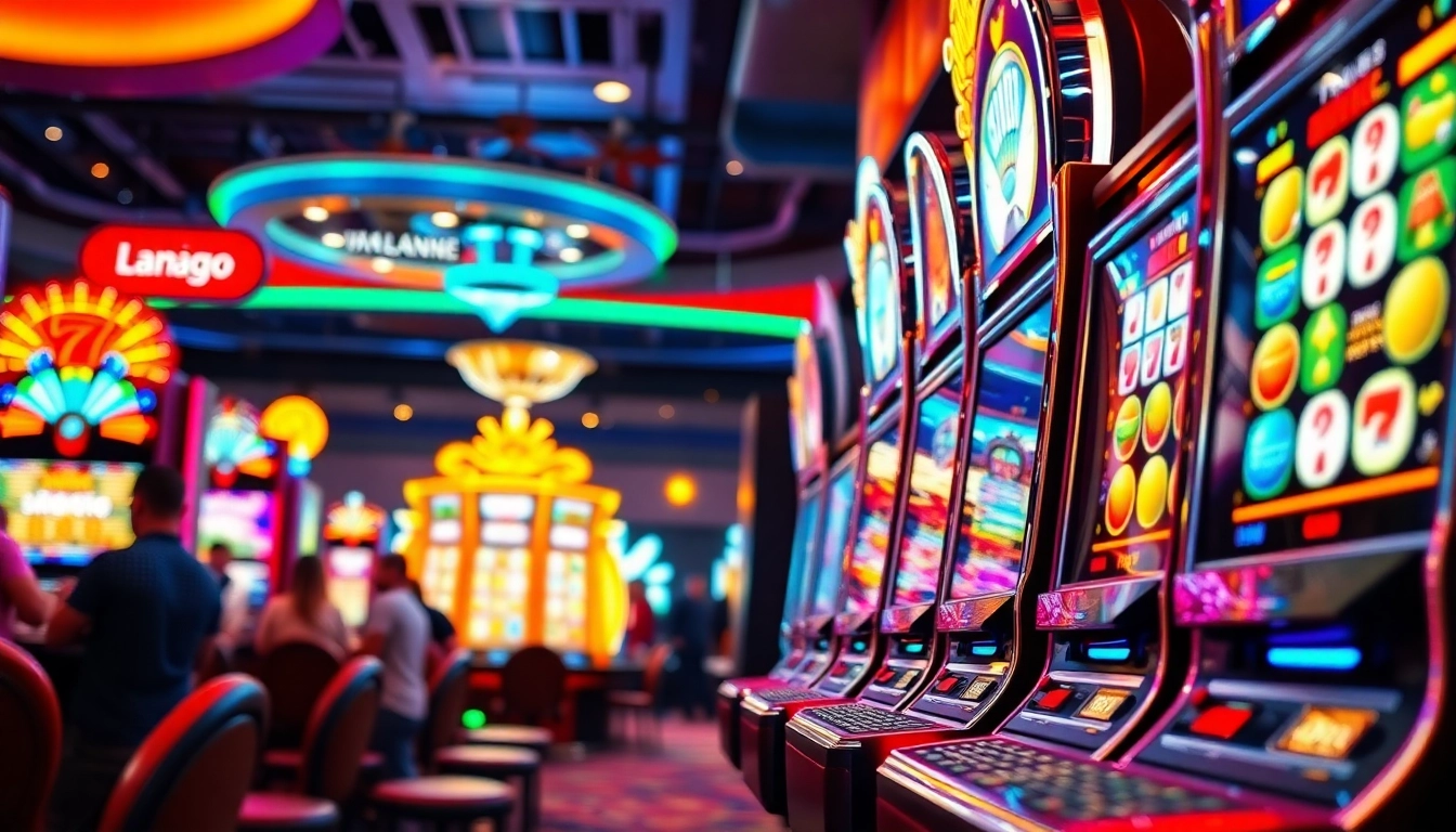 Rasakan keseruan Slot Depo 5000 dengan mesin slot cerah dan pemain yang berinteraksi.