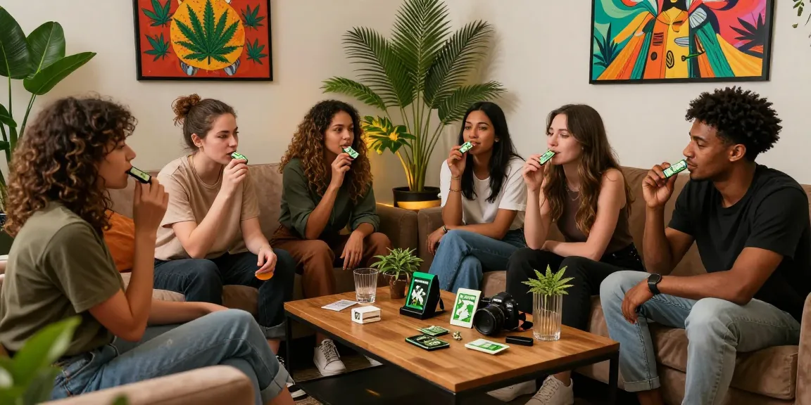 Friends enjoying Packwoods carts in a cozy urban cannabis lounge.