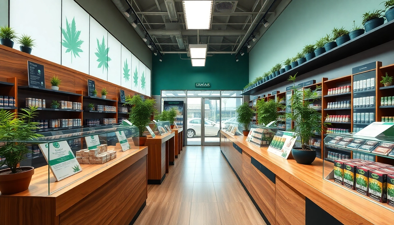 Can you buy weed online UK? Shoppers exploring cannabis products in a modern dispensary.