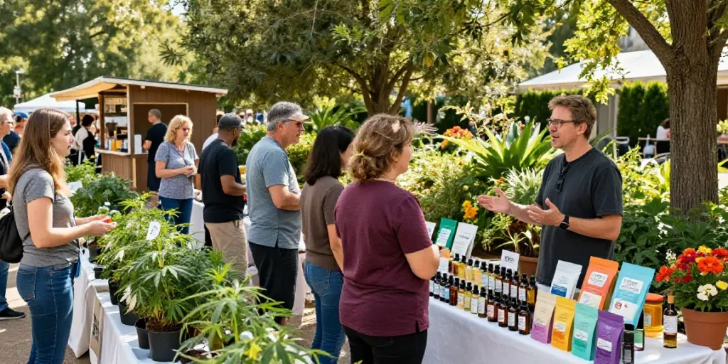 CBD kaufen auf einem lebhaften Markt mit verschiedenen CBD Produkten und interessierten Kunden.