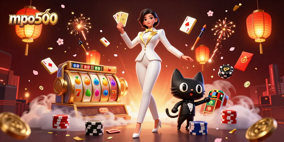 Play exciting games at mpo500 with a glamorous woman shuffling cards, surrounded by vibrant casino elements.