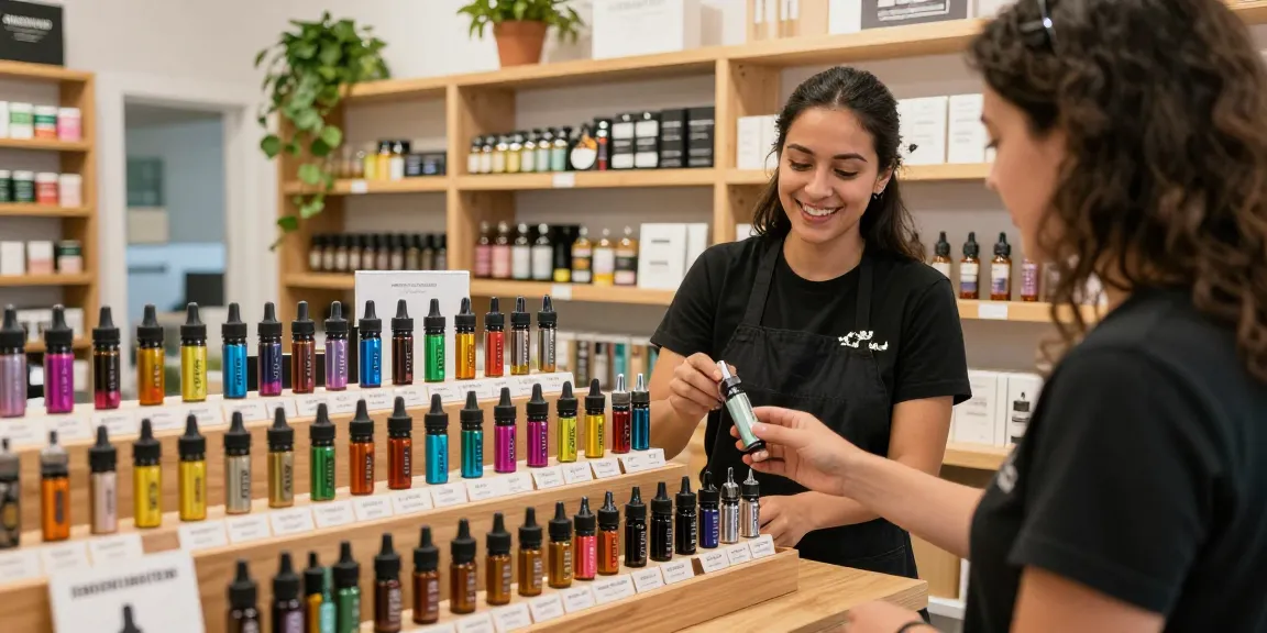 THC vapes for sale, vibrant cannabis retail display showcasing quality vape cartridges and friendly service.