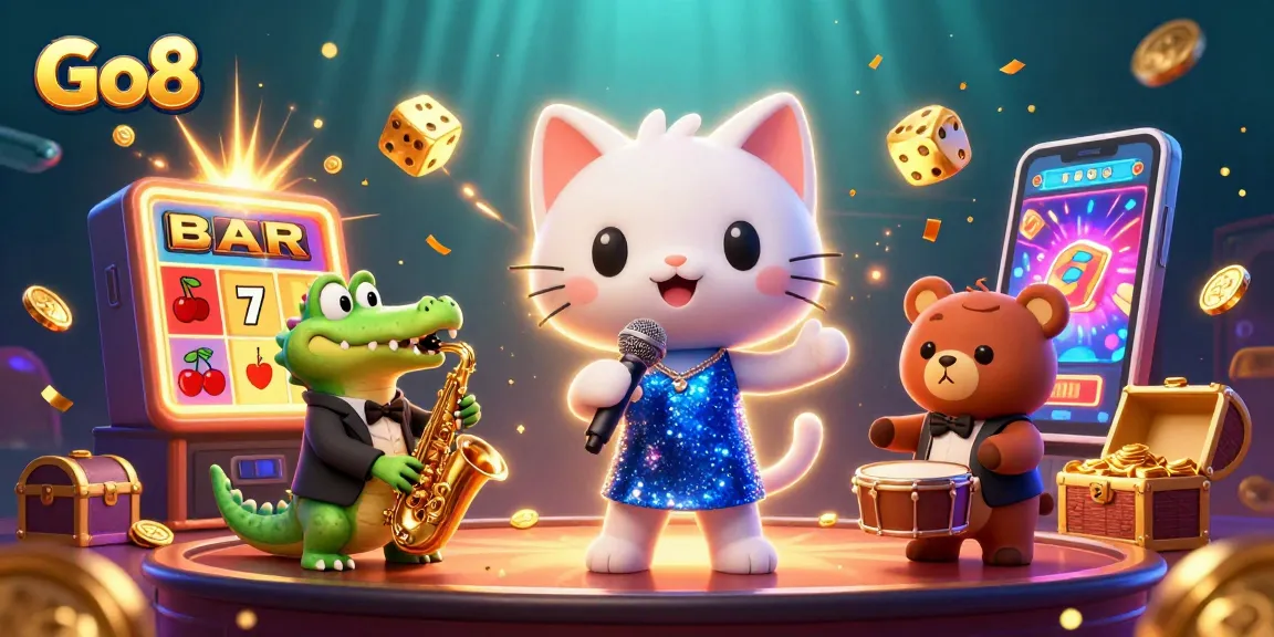 Go8 casino experience with a jazz-singer cat, crocodile saxophonist, and bear drummer amidst vibrant slot elements.