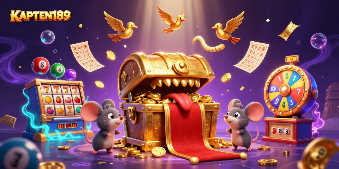 KAPTEN189 menghadirkan ilustrasi slot online dengan peti harta karun dan simbol keberuntungan