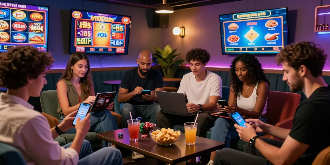 People enjoying games at credit card casinos UK in a vibrant lounge setting, showcasing technology and social interaction.