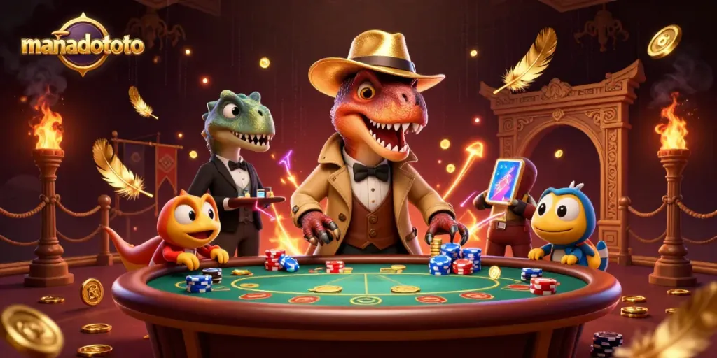 manadototo themed illustration with a velociraptor card counter at a blackjack table.