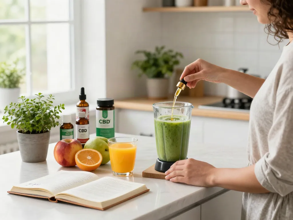 Buy weed online while enjoying a healthy CBD-infused breakfast in a bright kitchen with fresh ingredients.