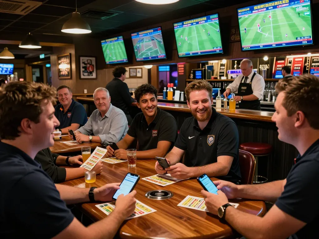 Fans placing enthusiastic bets on nowgoals at a vibrant sports bar with live match screens