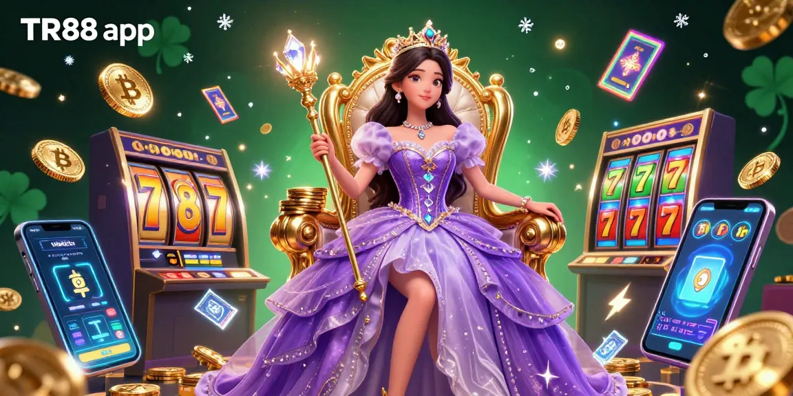 Engage with TR88 app in a stunning casino illustration featuring a regal character amid vibrant game elements and crypto coins.