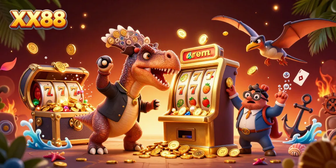 XX88 casino artwork depicting a dinosaur winning a jackpot, surrounded by gold coins and colorful game elements.