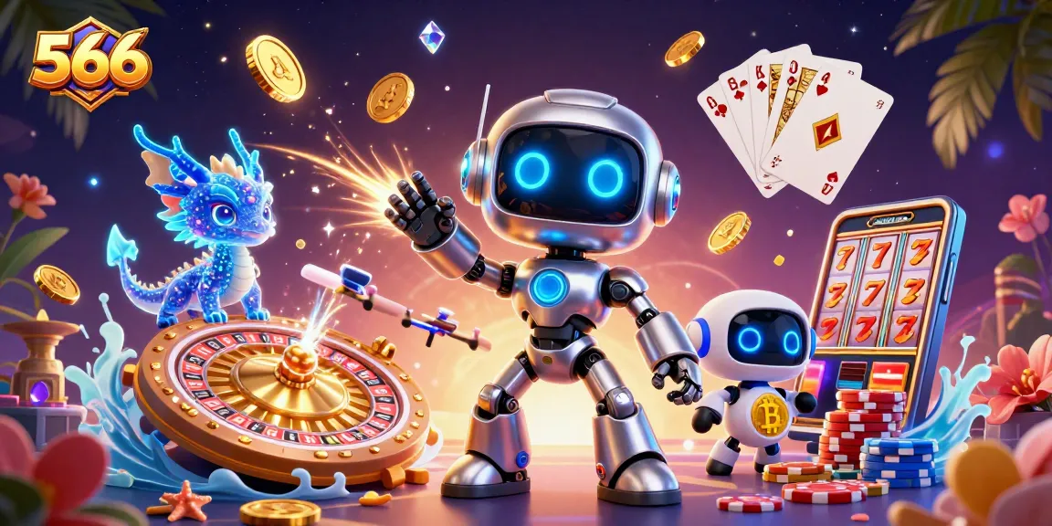 Engage in exciting gaming action at 566 with vibrant casino elements like golden coins and neon lights.