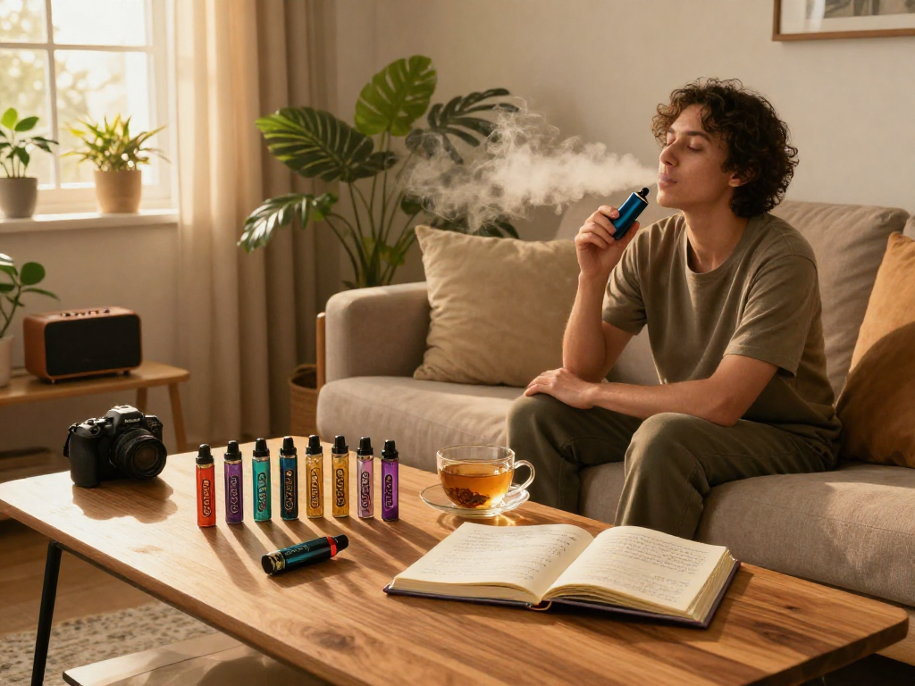 The 10/10 Boys vape device surrounded by organic herbal tea, wellness journal, and houseplants in a cozy living room, showcasing natural wellness.