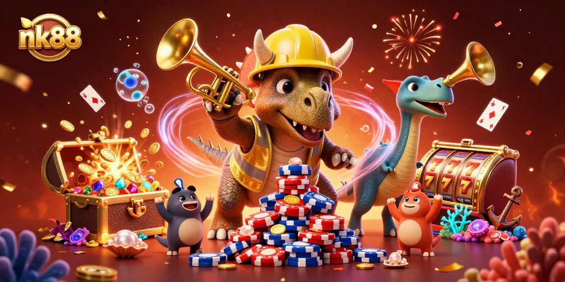Experience the vibrant energy of nk88 with a thrilling casino-themed illustration featuring celebrating characters.