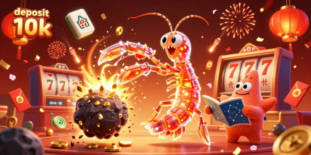 Visualisasi menakjubkan tentang deposit 10k di permainan slot, menampilkan karakter ikonik dalam suasana meriah dengan efek cahaya mewah.